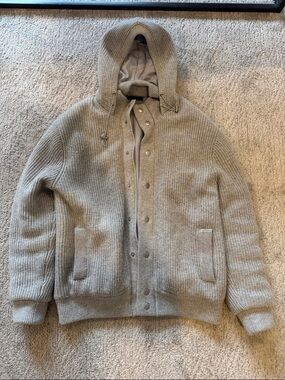 Bloomingdale's Men's Hooded Rib-Knit Zip Sweater Jacket - Taupe